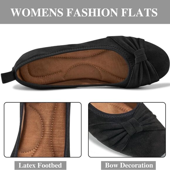 Women's Suede Flats 6 Black Foldable Bowknot Comfort Slip On Casual - Picture 3 of 6